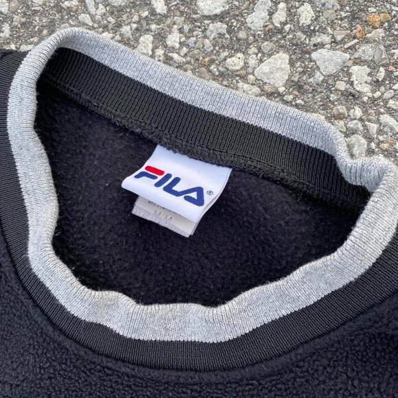 Vintage 90s Fila Black Embroidered Logo Fleece Sweater Made In Canada Medium - Picture 3 of 7